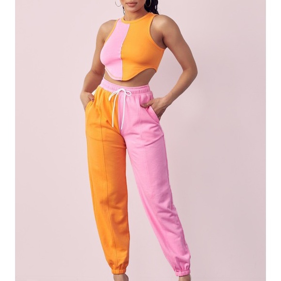 Pants - Two Tone Pink and Orange Jogger Set with Back Cutout